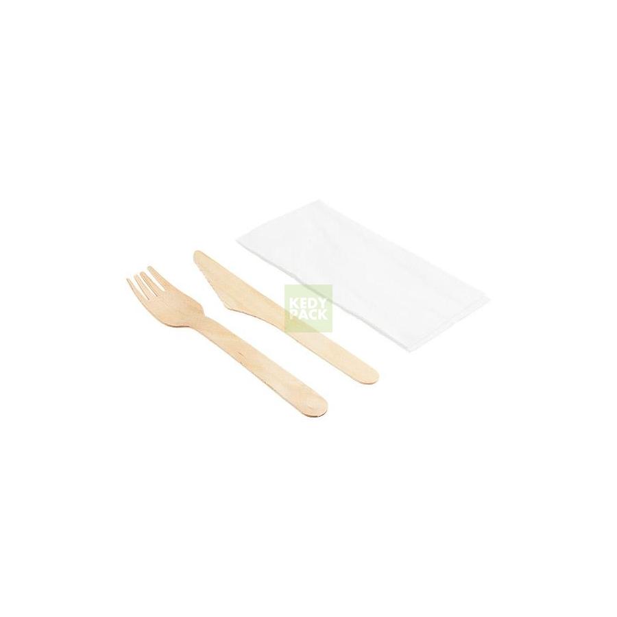 Kit couvert en bois biodégradable 3 en 1 (fourchette + couteau + serviette  1 pli) –