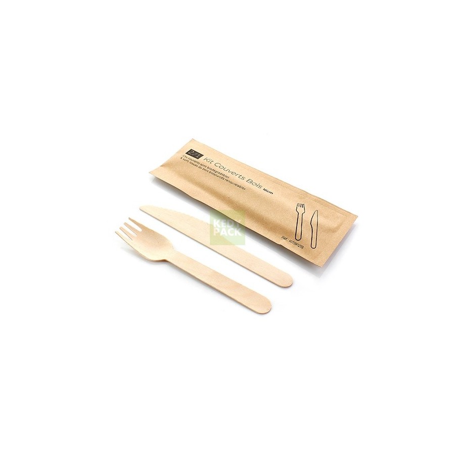 Kit couvert en bois avec pochette Unité Paquet Taille 16 cm Couleur Naturel  Contient Couteau; Fourchette Dimension L20 × H6,9 cm Quantité 50